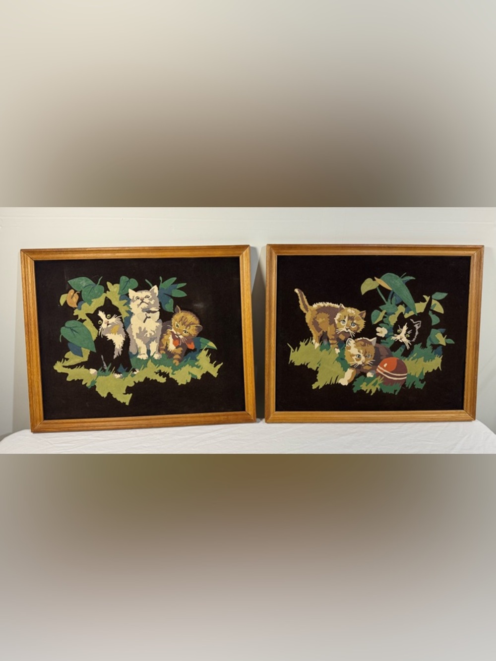 Vintage 2 paint by number pictures pair of kittens cats framed mcm